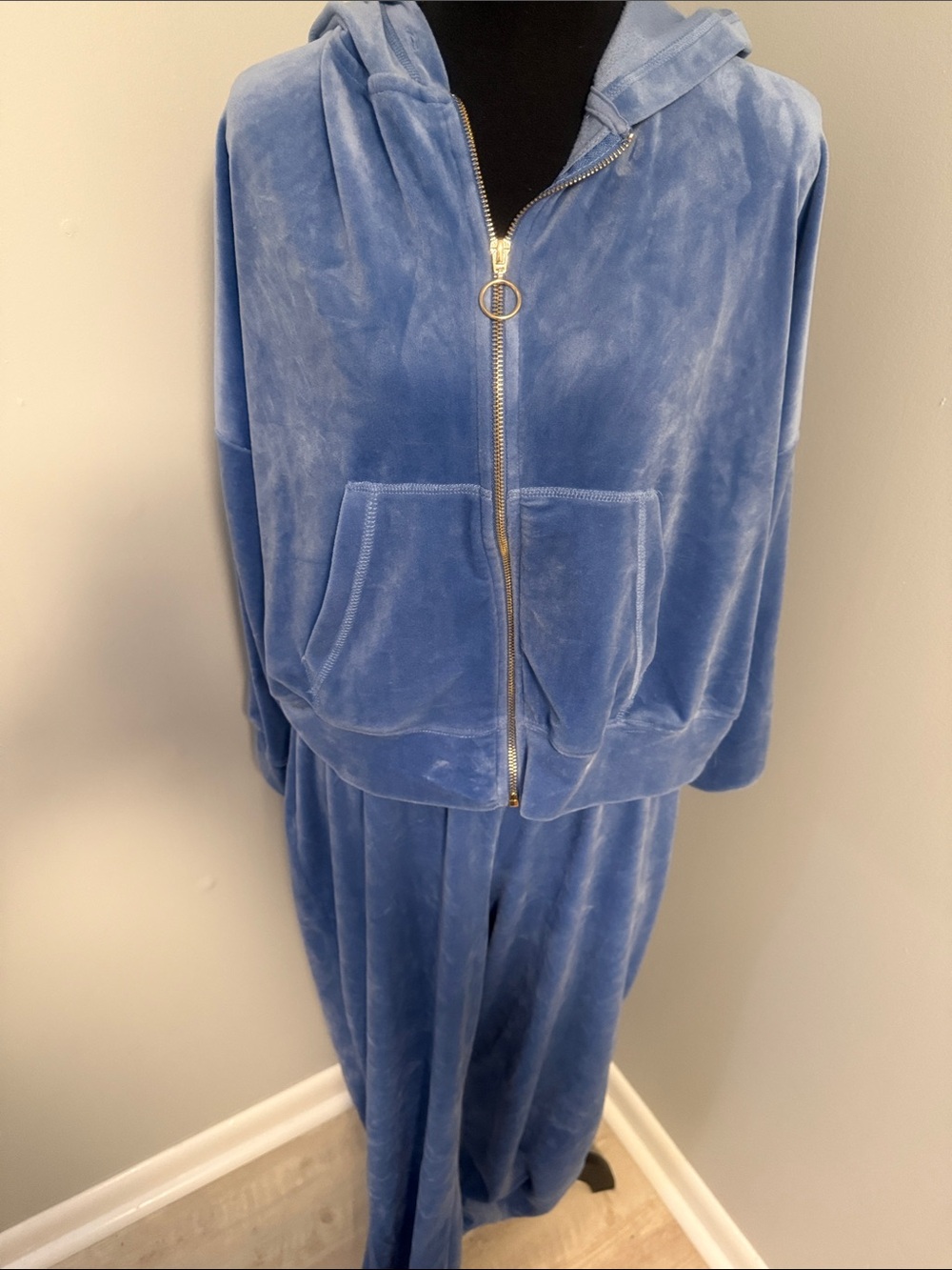 Blue Velvet Zip Hoodie & Wide Leg Pant Set - Picture 3 of 4